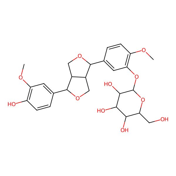 2D Structure of (2S,3R,4S,5S,6R)-2-[5-[(3R,3aS,6R,6aS)-3-(4-hydroxy-3-methoxyphenyl)-1,3,3a,4,6,6a-hexahydrofuro[3,4-c]furan-6-yl]-2-methoxyphenoxy]-6-(hydroxymethyl)oxane-3,4,5-triol
