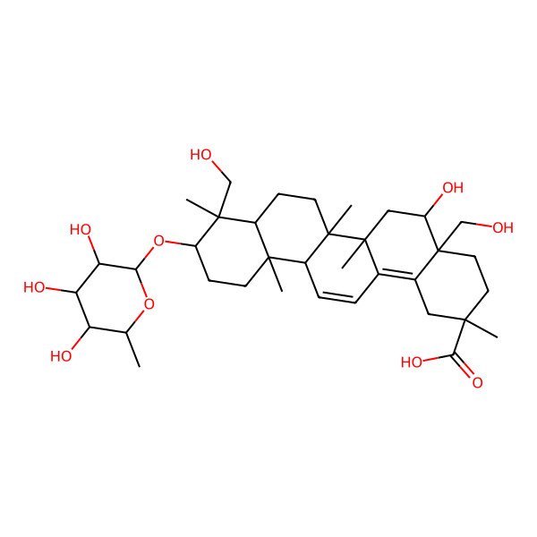 2D Structure of (2R,4aS,5R,6aR,6aS,6bR,8aR,9R,10S,12aS)-5-hydroxy-4a,9-bis(hydroxymethyl)-2,6a,6b,9,12a-pentamethyl-10-[(2R,3R,4S,5R,6R)-3,4,5-trihydroxy-6-methyloxan-2-yl]oxy-1,3,4,5,6,6a,7,8,8a,10,11,12-dodecahydropicene-2-carboxylic acid