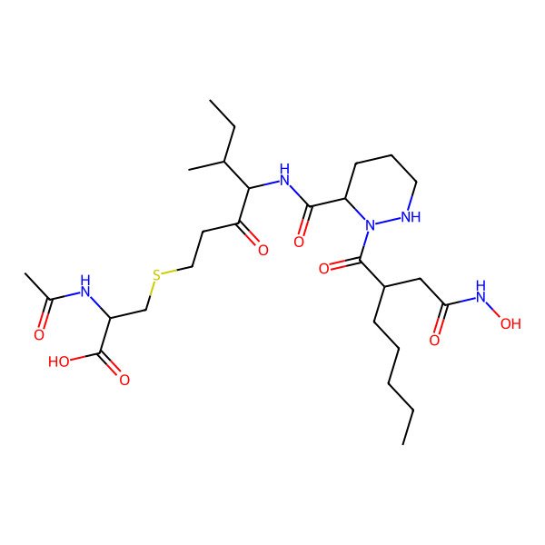 2D Structure of (2R)-2-acetamido-3-[4-[[2-[2-[2-(hydroxyamino)-2-oxoethyl]heptanoyl]diazinane-3-carbonyl]amino]-5-methyl-3-oxoheptyl]sulfanylpropanoic acid