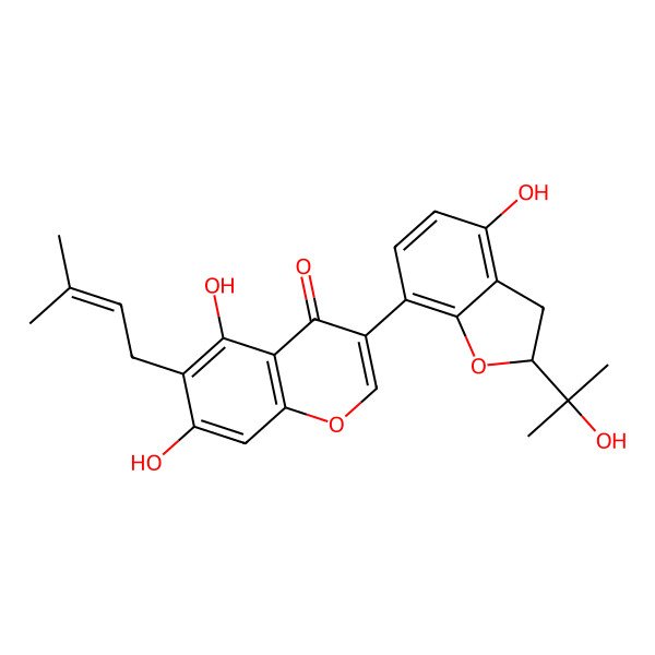 2D Structure of 5,7-dihydroxy-3-[(2S)-4-hydroxy-2-(2-hydroxypropan-2-yl)-2,3-dihydro-1-benzofuran-7-yl]-6-(3-methylbut-2-enyl)chromen-4-one