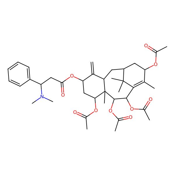 2D Structure of [(1R,3R,5S,7S,8S,9R,10R,13S)-7,9,10,13-tetraacetyloxy-8,12,15,15-tetramethyl-4-methylidene-5-tricyclo[9.3.1.03,8]pentadec-11-enyl] 3-(dimethylamino)-3-phenylpropanoate