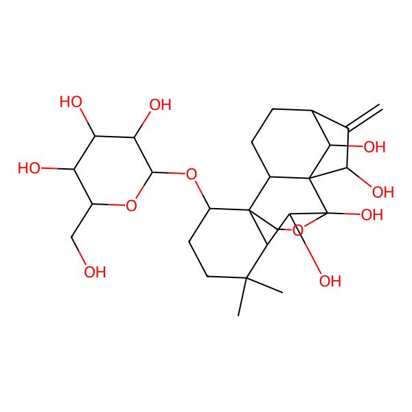 2D Structure of 12,12-Dimethyl-6-methylidene-15-[3,4,5-trihydroxy-6-(hydroxymethyl)oxan-2-yl]oxy-17-oxapentacyclo[7.6.2.15,8.01,11.02,8]octadecane-7,9,10,18-tetrol