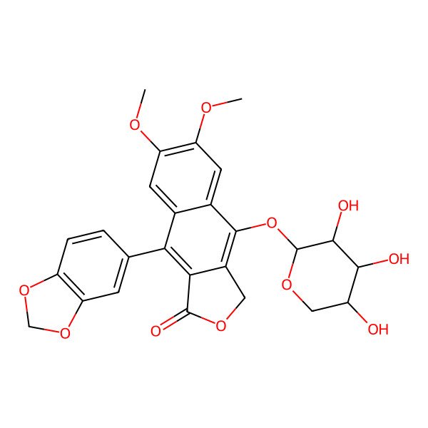 2D Structure of 9-(1,3-benzodioxol-5-yl)-6,7-dimethoxy-4-[(2R,3S,4R,5R)-3,4,5-trihydroxyoxan-2-yl]oxy-3H-benzo[f][2]benzofuran-1-one
