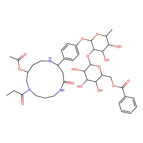 2D Structure of [(2R,3R,4S,5R,6S)-6-[(2S,3R,4R,5R,6S)-2-[4-[(2S,11S)-11-acetyloxy-4-oxo-9-propanoyl-1,5,9-triazacyclotridec-2-yl]phenoxy]-4,5-dihydroxy-6-methyloxan-3-yl]oxy-3,4,5-trihydroxyoxan-2-yl]methyl benzoate