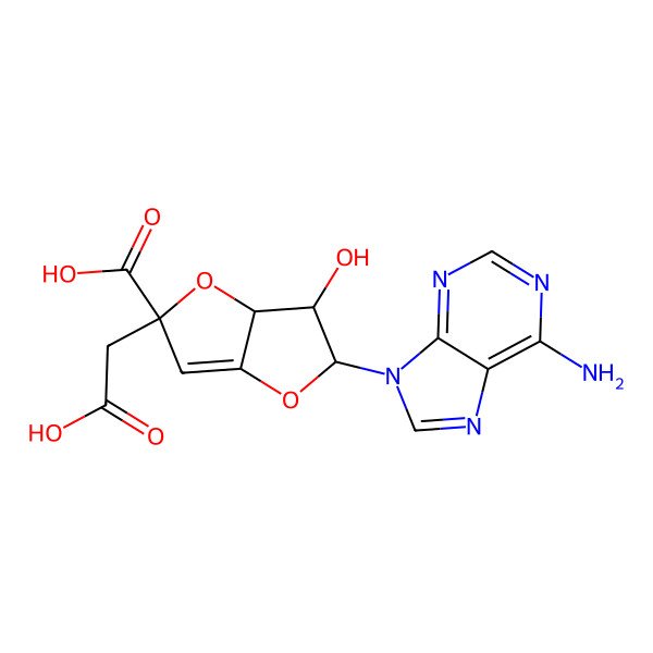2D Structure of (2S,3R,3aR,5R)-2-(6-aminopurin-9-yl)-5-(carboxymethyl)-3-hydroxy-3,3a-dihydro-2H-furo[3,2-b]furan-5-carboxylic acid