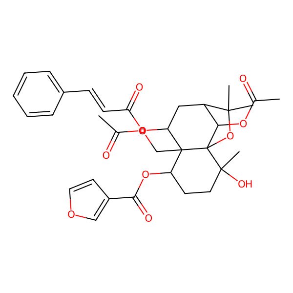 2D Structure of [12-Acetyloxy-6-(acetyloxymethyl)-2-hydroxy-2,10,10-trimethyl-7-(3-phenylprop-2-enoyloxy)-11-oxatricyclo[7.2.1.01,6]dodecan-5-yl] furan-3-carboxylate