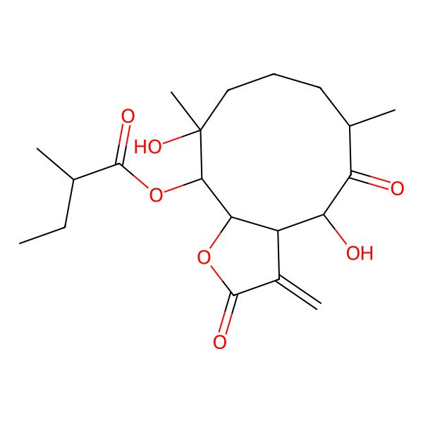 2D Structure of [(3aS,4S,6S,10R,11S,11aR)-4,10-dihydroxy-6,10-dimethyl-3-methylidene-2,5-dioxo-3a,4,6,7,8,9,11,11a-octahydrocyclodeca[b]furan-11-yl] (2R)-2-methylbutanoate