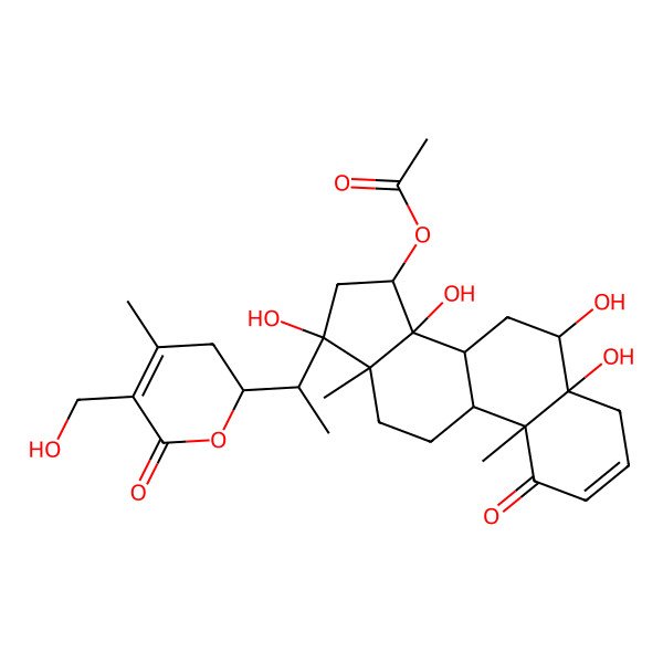 2D Structure of [5,6,14,17-tetrahydroxy-17-[1-[5-(hydroxymethyl)-4-methyl-6-oxo-2,3-dihydropyran-2-yl]ethyl]-10,13-dimethyl-1-oxo-6,7,8,9,11,12,15,16-octahydro-4H-cyclopenta[a]phenanthren-15-yl] acetate