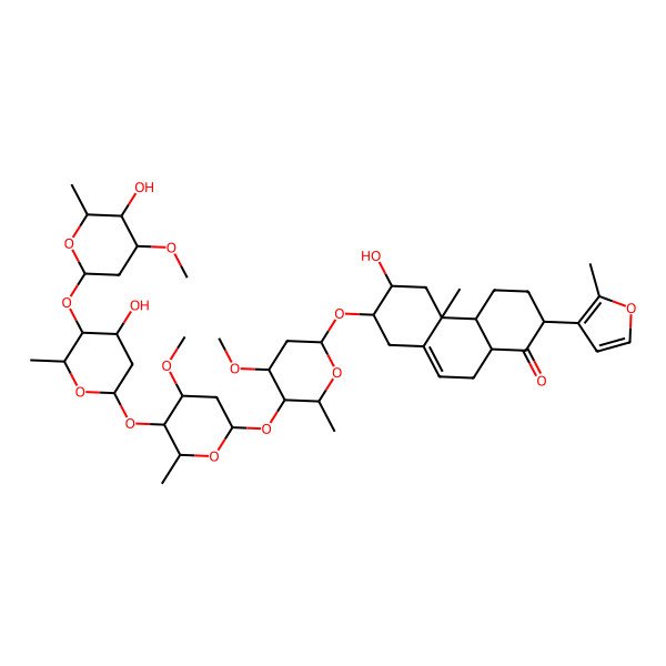 2D Structure of (2R,4aS,4bR,6R,7R,10aR)-6-hydroxy-7-[(2S,4S,5R,6R)-5-[(2S,4R,5R,6S)-5-[(2S,4S,5S,6R)-4-hydroxy-5-[(2S,4S,5R,6R)-5-hydroxy-4-methoxy-6-methyloxan-2-yl]oxy-6-methyloxan-2-yl]oxy-4-methoxy-6-methyloxan-2-yl]oxy-4-methoxy-6-methyloxan-2-yl]oxy-4b-methyl-2-(2-methylfuran-3-yl)-2,3,4,4a,5,6,7,8,10,10a-decahydrophenanthren-1-one