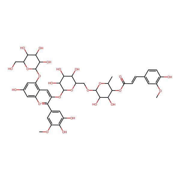 2D Structure of [(2S,3R,4S,5S,6R)-6-[[(2R,3R,5R,6S)-6-[2-(3,4-dihydroxy-5-methoxyphenyl)-7-hydroxy-5-[(2S,3R,4S,5R,6R)-3,4,5-trihydroxy-6-(hydroxymethyl)oxan-2-yl]oxychromenylium-3-yl]oxy-3,4,5-trihydroxyoxan-2-yl]methoxy]-4,5-dihydroxy-2-methyloxan-3-yl] 3-(4-hydroxy-3-methoxyphenyl)prop-2-enoate