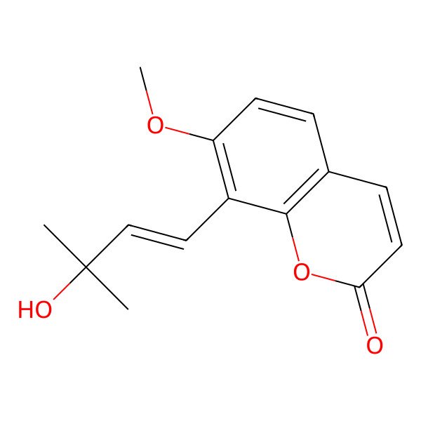 2D Structure of 2H-1-Benzopyran-2-one, 8-[(1E)-3-hydroxy-3-methyl-1-butenyl]-7-methoxy-; 8-[(1E)-3-Hydroxy-3-methyl-1-buten-1-yl]-7-methoxy-2H-1-benzopyran-2-one