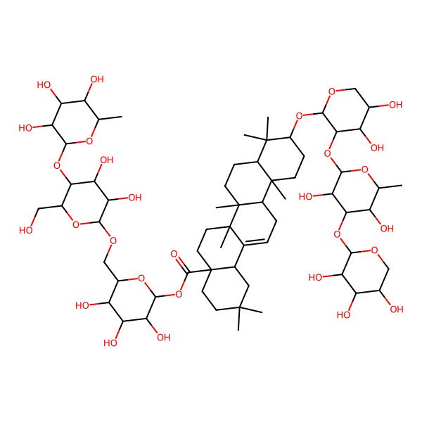2D Structure of [(2R,3S,4R,5R,6S)-6-[[(2S,3S,4S,5R,6S)-3,4-dihydroxy-6-(hydroxymethyl)-5-[(2R,3S,4R,5R,6S)-3,4,5-trihydroxy-6-methyloxan-2-yl]oxyoxan-2-yl]oxymethyl]-3,4,5-trihydroxyoxan-2-yl] (4aR,6aS,6aS,6bR,8aS,10S,12aS,14bS)-10-[(2R,3S,4R,5S)-3-[(2R,3S,4R,5S,6S)-3,5-dihydroxy-6-methyl-4-[(2R,3S,4R,5S)-3,4,5-trihydroxyoxan-2-yl]oxyoxan-2-yl]oxy-4,5-dihydroxyoxan-2-yl]oxy-2,2,6a,6b,9,9,12a-heptamethyl-1,3,4,5,6,6a,7,8,8a,10,11,12,13,14b-tetradecahydropicene-4a-carboxylate