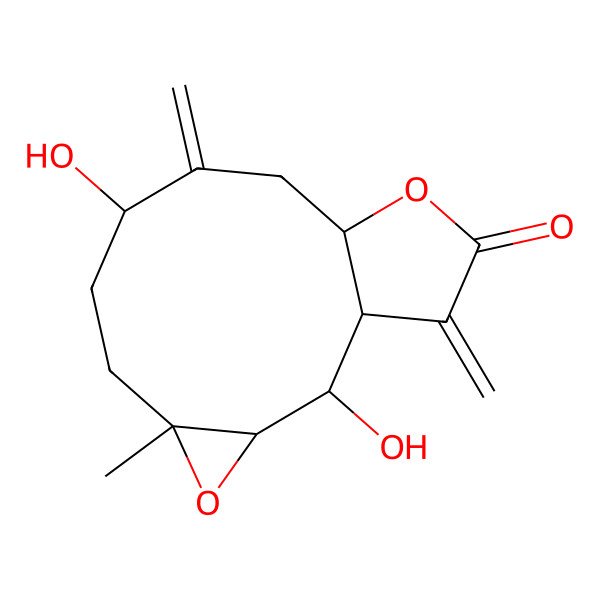2D Structure of (1S,2S,3S,5R,8S,11S)-2,8-dihydroxy-5-methyl-9,14-dimethylidene-4,12-dioxatricyclo[9.3.0.03,5]tetradecan-13-one