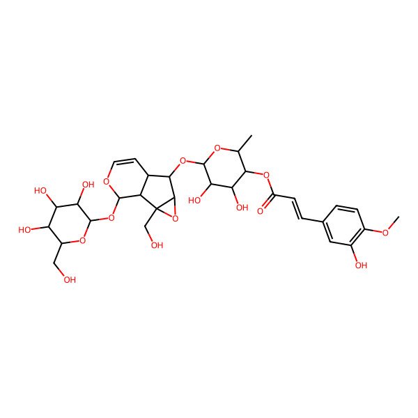 2D Structure of [(2S,3R,4S,5R,6S)-4,5-dihydroxy-6-[[(1S,2S,4S,5S,6R,10S)-2-(hydroxymethyl)-10-[(2S,3R,4S,5S,6R)-3,4,5-trihydroxy-6-(hydroxymethyl)oxan-2-yl]oxy-3,9-dioxatricyclo[4.4.0.02,4]dec-7-en-5-yl]oxy]-2-methyloxan-3-yl] (E)-3-(3-hydroxy-4-methoxyphenyl)prop-2-enoate