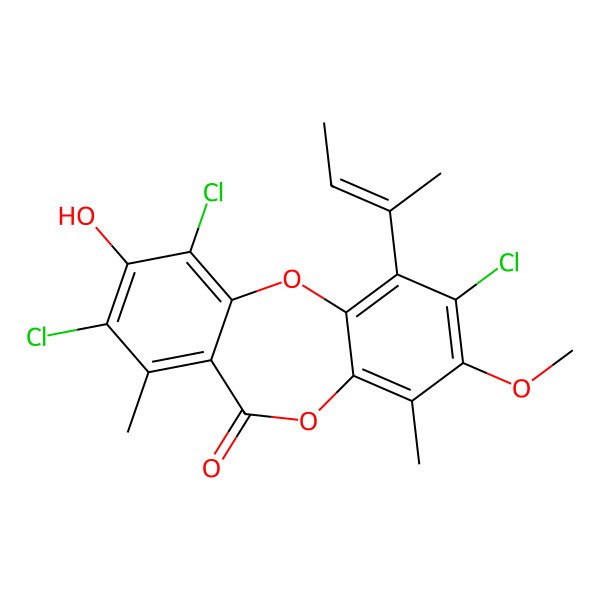 2D Structure of 1-[(Z)-but-2-en-2-yl]-2,8,10-trichloro-9-hydroxy-3-methoxy-4,7-dimethylbenzo[b][1,4]benzodioxepin-6-one
