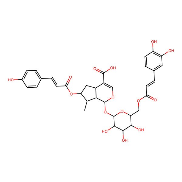 2D Structure of 1-[6-[3-(3,4-Dihydroxyphenyl)prop-2-enoyloxymethyl]-3,4,5-trihydroxyoxan-2-yl]oxy-6-[3-(4-hydroxyphenyl)prop-2-enoyloxy]-7-methyl-1,4a,5,6,7,7a-hexahydrocyclopenta[c]pyran-4-carboxylic acid
