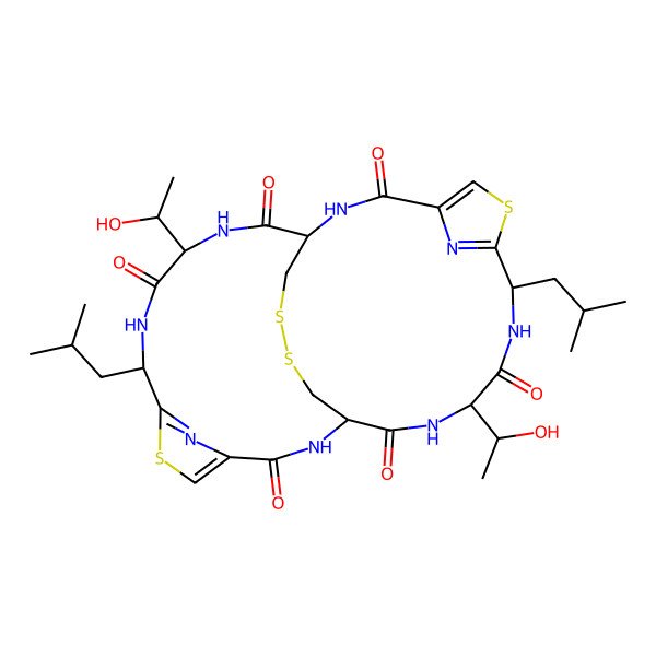2D Structure of 11,24-Bis(1-hydroxyethyl)-8,21-bis(2-methylpropyl)-6,19,28,29-tetrathia-2,9,12,15,22,25,31,32-octazatetracyclo[12.12.4.14,7.117,20]dotriaconta-4,7(32),17,20(31)-tetraene-3,10,13,16,23,26-hexone