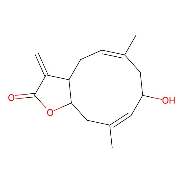 2D Structure of (3aR,5E,8R,9E,11aS)-8-hydroxy-6,10-dimethyl-3-methylidene-3a,4,7,8,11,11a-hexahydrocyclodeca[b]furan-2-one