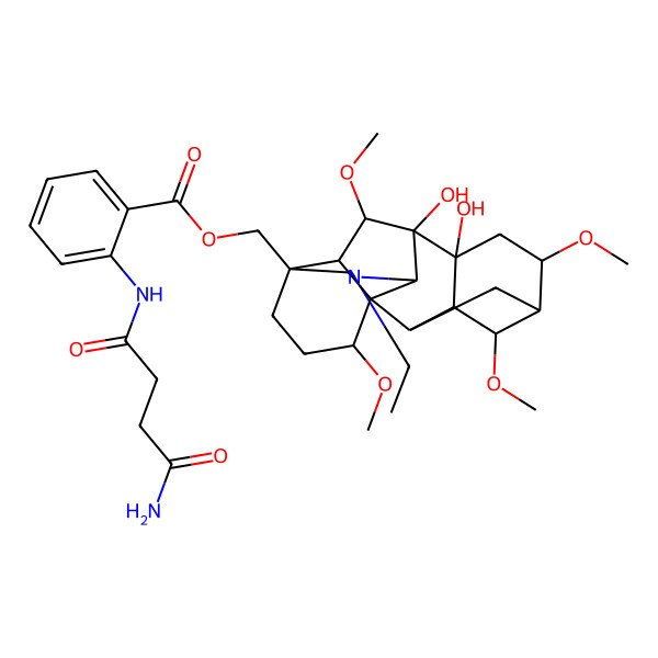 2D Structure of Aconitane-7,8-diol, 4-(((2-((4-amino-1,4-dioxobutyl)amino)benzoyl)oxy)methyl)-20-ethyl-1,6,14,16-tetramethoxy-, (1alpha,6beta,14alpha,16beta)- 2D Structure of Aconitane-7,8-diol, 4-(((2-((4-amino-1,4-dioxobutyl)amino)benzoyl)oxy)methyl)-20-ethyl-1,6,14,16-tetramethoxy-, (1alpha,6beta,14alpha,16beta)-