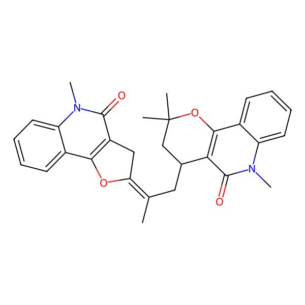 2D Structure of (4S)-2,2,6-trimethyl-4-[(2E)-2-(5-methyl-4-oxo-3H-furo[3,2-c]quinolin-2-ylidene)propyl]-3,4-dihydropyrano[3,2-c]quinolin-5-one