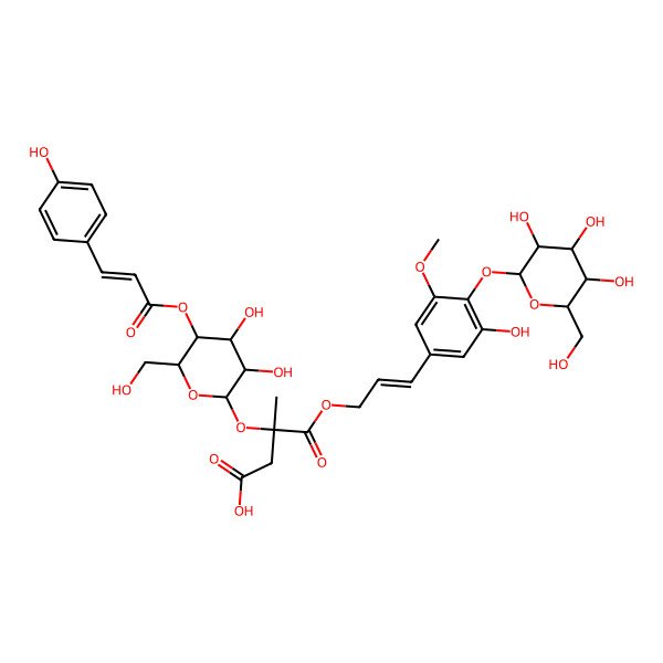 2D Structure of 3-[(2S,3R,4R,5S,6R)-3,4-dihydroxy-6-(hydroxymethyl)-5-[(E)-3-(4-hydroxyphenyl)prop-2-enoyl]oxyoxan-2-yl]oxy-4-[(E)-3-[3-hydroxy-5-methoxy-4-[(2S,3R,4S,5S,6R)-3,4,5-trihydroxy-6-(hydroxymethyl)oxan-2-yl]oxyphenyl]prop-2-enoxy]-3-methyl-4-oxobutanoic acid