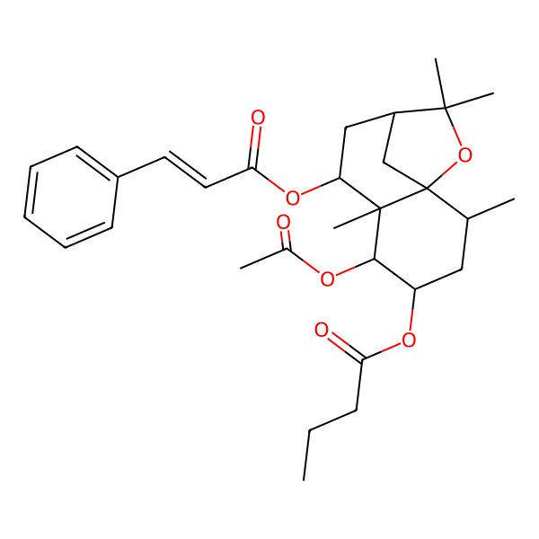 2D Structure of [5-Acetyloxy-2,6,10,10-tetramethyl-7-(3-phenylprop-2-enoyloxy)-11-oxatricyclo[7.2.1.01,6]dodecan-4-yl] butanoate