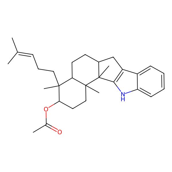 2D Structure of [1,16,20-Trimethyl-16-(4-methylpent-3-enyl)-3-azapentacyclo[10.8.0.02,10.04,9.015,20]icosa-2(10),4,6,8-tetraen-17-yl] acetate