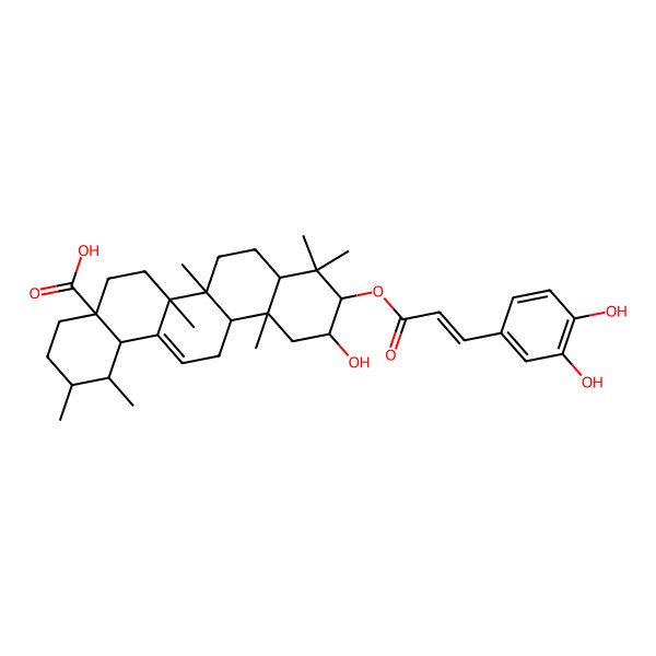 2D Structure of (1S,2R,4aS,6aR,6aS,6bR,8aR,10R,11R,12aR,14bS)-10-[(Z)-3-(3,4-dihydroxyphenyl)prop-2-enoyl]oxy-11-hydroxy-1,2,6a,6b,9,9,12a-heptamethyl-2,3,4,5,6,6a,7,8,8a,10,11,12,13,14b-tetradecahydro-1H-picene-4a-carboxylic acid