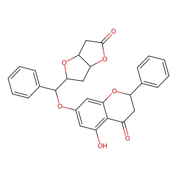 2D Structure of (2S)-7-[(S)-[(2S,3aR,6aR)-5-oxo-3,3a,6,6a-tetrahydro-2H-furo[3,2-b]furan-2-yl]-phenylmethoxy]-5-hydroxy-2-phenyl-2,3-dihydrochromen-4-one