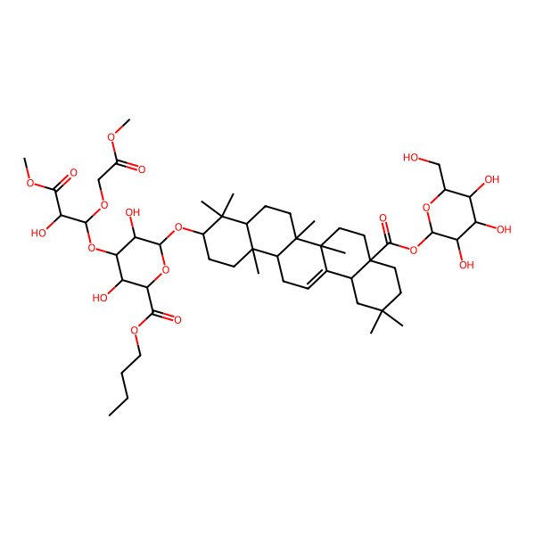 2D Structure of Butyl 6-[[4,4,6a,6b,11,11,14b-heptamethyl-8a-[3,4,5-trihydroxy-6-(hydroxymethyl)oxan-2-yl]oxycarbonyl-1,2,3,4a,5,6,7,8,9,10,12,12a,14,14a-tetradecahydropicen-3-yl]oxy]-3,5-dihydroxy-4-[2-hydroxy-3-methoxy-1-(2-methoxy-2-oxoethoxy)-3-oxopropoxy]oxane-2-carboxylate