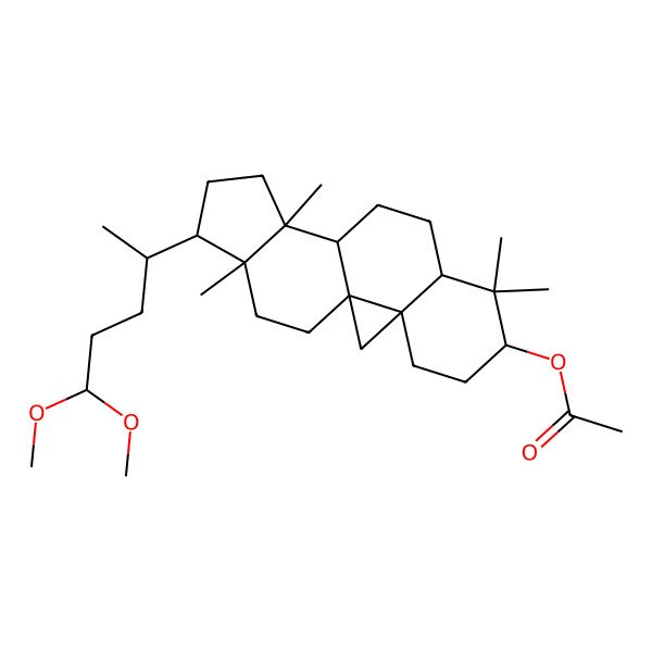 2D Structure of [15-(5,5-Dimethoxypentan-2-yl)-7,7,12,16-tetramethyl-6-pentacyclo[9.7.0.01,3.03,8.012,16]octadecanyl] acetate