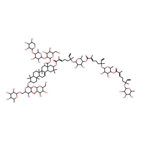 2D Structure of [3-[3,4-Dihydroxy-6-methyl-5-(3,4,5-trihydroxyoxan-2-yl)oxyoxan-2-yl]oxy-4,5-dihydroxy-6-(hydroxymethyl)oxan-2-yl] 10-[4,5-dihydroxy-3-[3,4,5-trihydroxy-6-(hydroxymethyl)oxan-2-yl]oxy-6-[(3,4,5-trihydroxy-6-methyloxan-2-yl)oxymethyl]oxan-2-yl]oxy-3-[6-[5-[6-[5-[2,6-dimethyl-6-(3,4,5-trihydroxy-6-methyloxan-2-yl)oxyocta-2,7-dienoyl]oxy-3,4-dihydroxy-6-methyloxan-2-yl]oxy-2,6-dimethylocta-2,7-dienoyl]oxy-3,4-dihydroxy-6-methyloxan-2-yl]oxy-2,6-dimethylocta-2,7-dienoyl]oxy-5-hydroxy-2,2,6a,6b,9,9,12a-heptamethyl-1,3,4,5,6,6a,7,8,8a,10,11,12,13,14b-tetradecahydropicene-4a-carboxylate