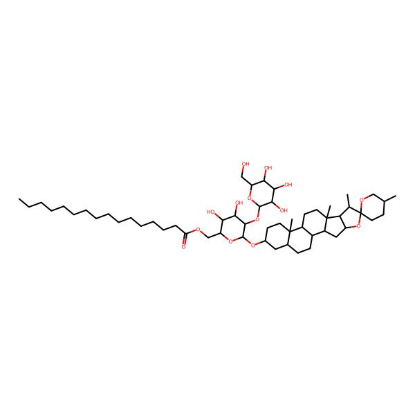 2D Structure of [(2R,3S,4S,5R,6R)-3,4-dihydroxy-6-[(1R,2S,4S,5'R,6R,7S,8R,9S,12S,13S,16S,18R)-5',7,9,13-tetramethylspiro[5-oxapentacyclo[10.8.0.02,9.04,8.013,18]icosane-6,2'-oxane]-16-yl]oxy-5-[(2S,3R,4S,5S,6R)-3,4,5-trihydroxy-6-(hydroxymethyl)oxan-2-yl]oxyoxan-2-yl]methyl hexadecanoate