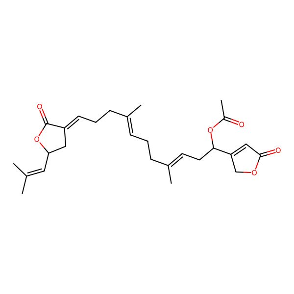 2D Structure of [(1R,3E,7E,11Z)-4,8-dimethyl-11-[(5S)-5-(2-methylprop-1-enyl)-2-oxooxolan-3-ylidene]-1-(5-oxo-2H-furan-3-yl)undeca-3,7-dienyl] acetate