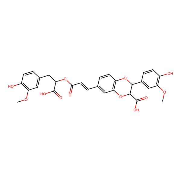 2D Structure of (2R,3R)-6-[(E)-3-[(1R)-1-carboxy-2-(4-hydroxy-3-methoxyphenyl)ethoxy]-3-oxoprop-1-enyl]-2-(4-hydroxy-3-methoxyphenyl)-2,3-dihydro-1,4-benzodioxine-3-carboxylic acid