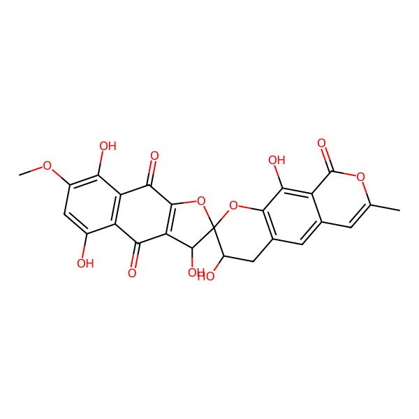 2D Structure of 3,3',5',8',10-pentahydroxy-7'-methoxy-7-methylspiro[3,4-dihydropyrano[4,3-g]chromene-2,2'-3H-benzo[][1]benzouran]-4',9,9'-trione