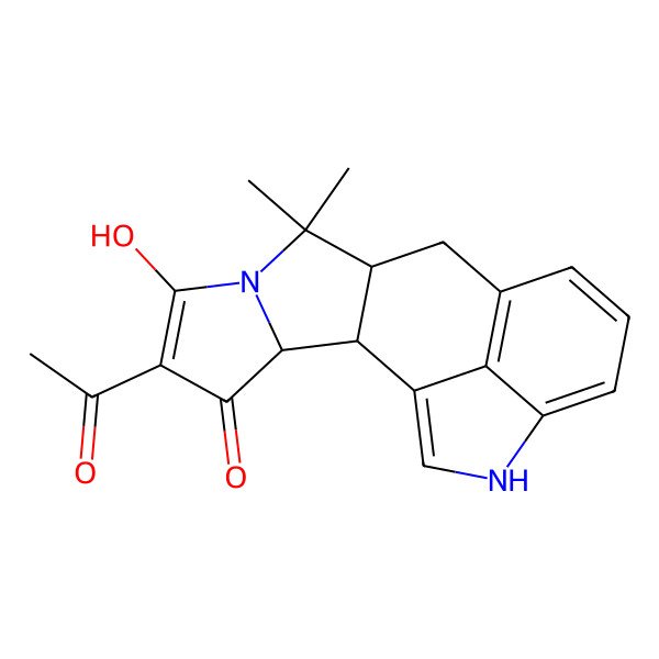 2D Structure of (2R,3S,9R)-5-acetyl-6-hydroxy-8,8-dimethyl-7,16-diazapentacyclo[9.6.1.02,9.03,7.015,18]octadeca-1(17),5,11(18),12,14-pentaen-4-one