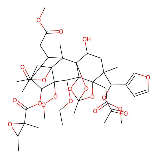 2D Structure of [(1R,2R,5S,9S,13S,14R,18S)-3-acetyloxy-14-[(R)-acetyloxy(furan-3-yl)methyl]-8-ethoxy-16-hydroxy-13,18-bis(2-methoxy-2-oxoethyl)-2,5,11,14-tetramethyl-7-methylperoxy-10,12,17-trioxahexacyclo[9.5.1.12,5.01,9.03,7.09,13]octadecan-6-yl] (2S,3R)-2,3-dimethyloxirane-2-carboxylate