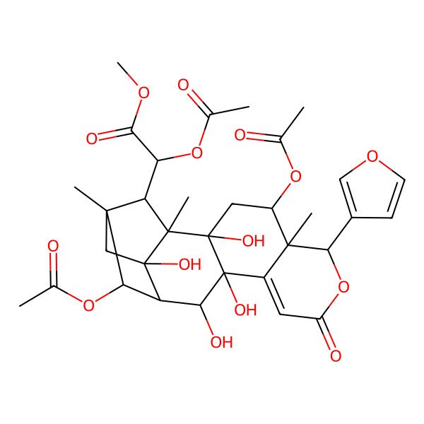 2D Structure of methyl (2R)-2-acetyloxy-2-[(1R,2S,4S,5S,6S,11R,12S,13S,14R,15R,17S,18S)-4,14-diacetyloxy-6-(furan-3-yl)-2,11,12,17-tetrahydroxy-1,5,15-trimethyl-8-oxo-7-oxapentacyclo[13.2.1.02,11.05,10.013,17]octadec-9-en-18-yl]acetate