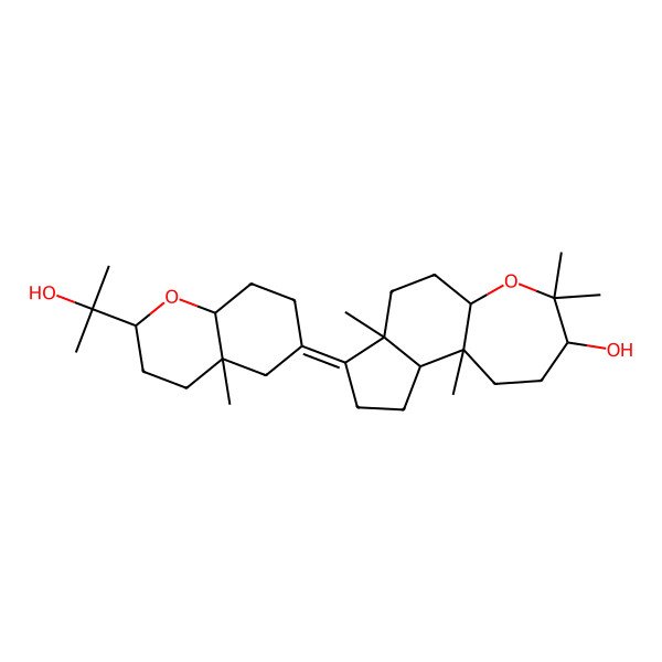 2D Structure of (3S,5aS,7aS,8E,10aR,10bS)-8-[(2R,4aS,8aS)-2-(2-hydroxypropan-2-yl)-4a-methyl-3,4,5,7,8,8a-hexahydro-2H-chromen-6-ylidene]-4,4,7a,10b-tetramethyl-2,3,5a,6,7,9,10,10a-octahydro-1H-indeno[5,4-b]oxepin-3-ol