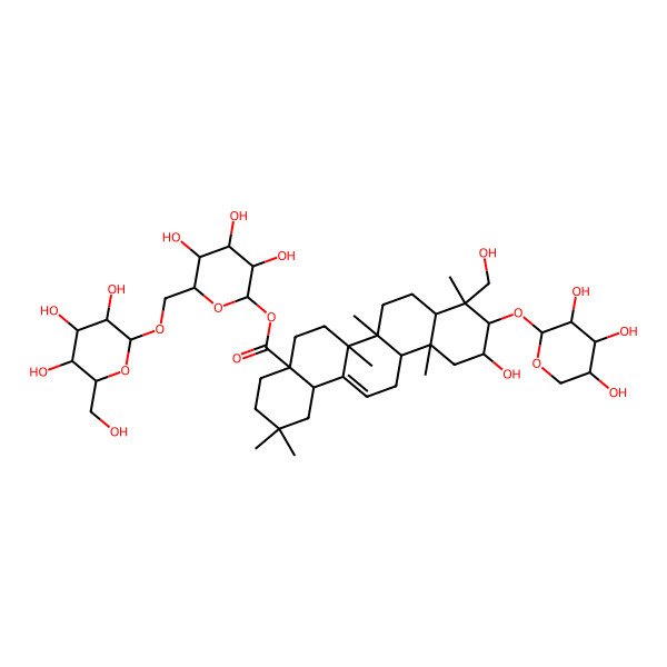 2D Structure of [3,4,5-Trihydroxy-6-[[3,4,5-trihydroxy-6-(hydroxymethyl)oxan-2-yl]oxymethyl]oxan-2-yl] 11-hydroxy-9-(hydroxymethyl)-2,2,6a,6b,9,12a-hexamethyl-10-(3,4,5-trihydroxyoxan-2-yl)oxy-1,3,4,5,6,6a,7,8,8a,10,11,12,13,14b-tetradecahydropicene-4a-carboxylate