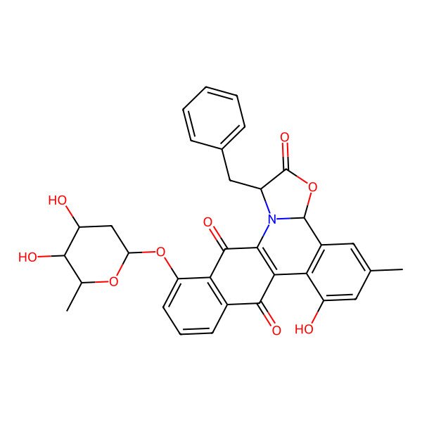 2D Structure of 3-Benzyl-19-(4,5-dihydroxy-6-methyloxan-2-yl)oxy-11-hydroxy-9-methyl-5-oxa-2-azapentacyclo[11.8.0.02,6.07,12.015,20]henicosa-1(13),7(12),8,10,15(20),16,18-heptaene-4,14,21-trione