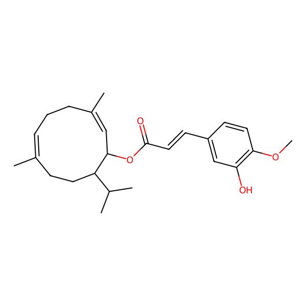2D Structure of [(1R,2E,6E,10S)-3,7-dimethyl-10-propan-2-ylcyclodeca-2,6-dien-1-yl] (E)-3-(3-hydroxy-4-methoxyphenyl)prop-2-enoate