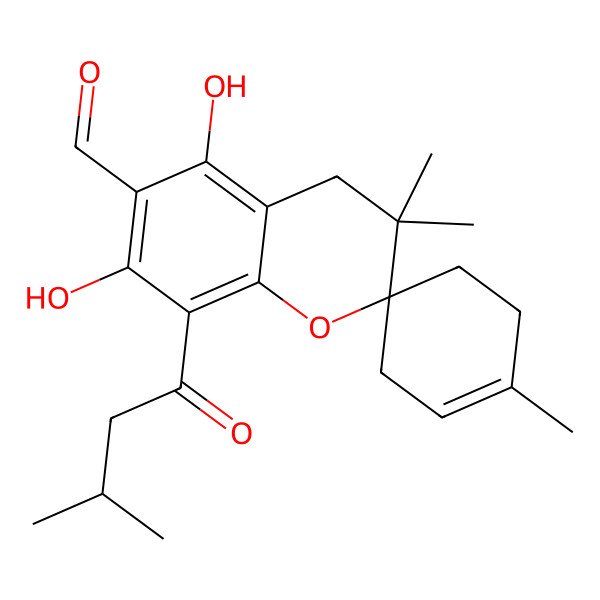 2D Structure of 5,7-dihydroxy-1',3,3-trimethyl-8-(3-methylbutanoyl)spiro[4H-chromene-2,4'-cyclohexene]-6-carbaldehyde