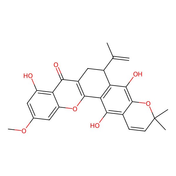 2D Structure of (6R)-5,9,14-trihydroxy-11-methoxy-3,3-dimethyl-6-prop-1-en-2-yl-6,7-dihydrochromeno[7,6-c]xanthen-8-one
