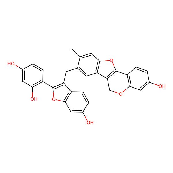 2D Structure of 4-[6-hydroxy-3-[(3-hydroxy-9-methyl-6H-[1]benzofuro[3,2-c]chromen-8-yl)methyl]-1-benzofuran-2-yl]benzene-1,3-diol