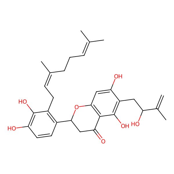 2D Structure of (2S)-2-[2-[(2E)-3,7-dimethylocta-2,6-dienyl]-3,4-dihydroxyphenyl]-5,7-dihydroxy-6-[(2R)-2-hydroxy-3-methylbut-3-enyl]-2,3-dihydrochromen-4-one