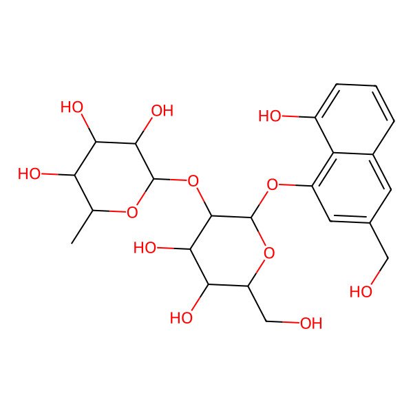 2D Structure of 2-[4,5-Dihydroxy-2-[8-hydroxy-3-(hydroxymethyl)naphthalen-1-yl]oxy-6-(hydroxymethyl)oxan-3-yl]oxy-6-methyloxane-3,4,5-triol