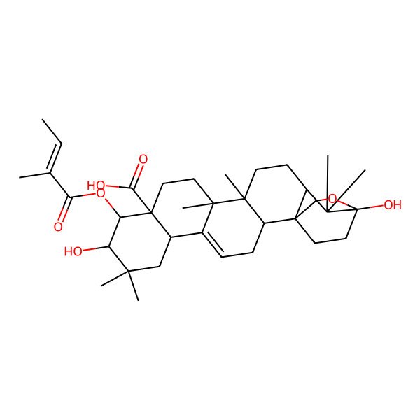 2D Structure of (1S,2S,6S,9S,10S,11S,14S,15R,18R,20S)-9,20-dihydroxy-8,8,14,15,19,19-hexamethyl-10-[(E)-2-methylbut-2-enoyl]oxy-21-oxahexacyclo[18.2.2.01,18.02,15.05,14.06,11]tetracos-4-ene-11-carboxylic acid