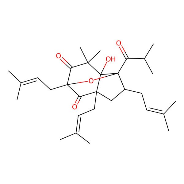 2D Structure of (1R,3R,4S,6S,7R)-7-hydroxy-8,8-dimethyl-1,4,6-tris(3-methylbut-2-enyl)-3-(2-methylpropanoyl)-2-oxatricyclo[4.3.1.03,7]decane-9,10-dione
